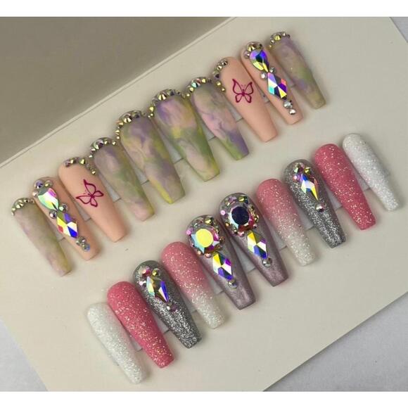 Long coffin ombre glitter press on nails rhinestones marble butterflies white